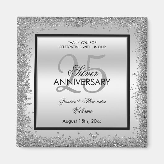 Glitzy Silver & Black 25. Hochzeitstag Magnet (Vorne)