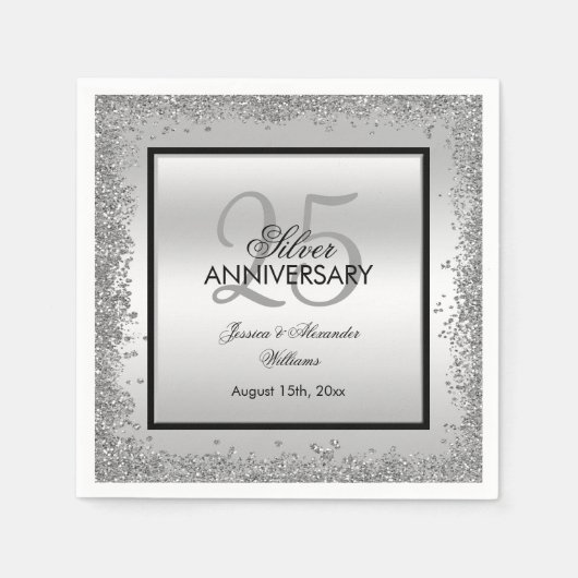 Glitzy Silver & Black 25. Hochzeitstag Serviette (Vorderseite)