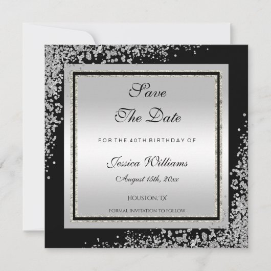Glitzy Silver Confetti Corners Geburtstag Save The Date (Vorderseite)