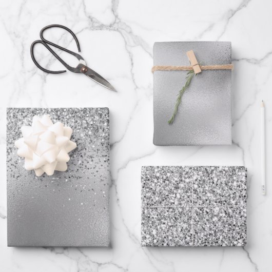 Glitzy Silver Glam Sparkle Glitzer Geschenkpapier Set (Vorderseite)