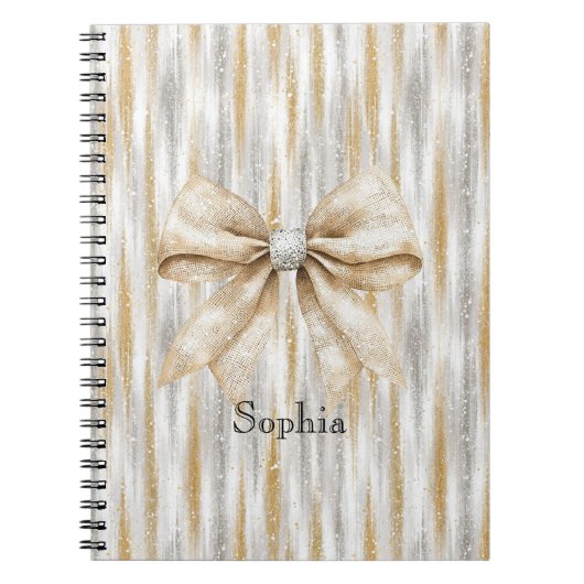 Glitzy Silver Gold Stripes Cream Bow Notizblock (Vorderseite)