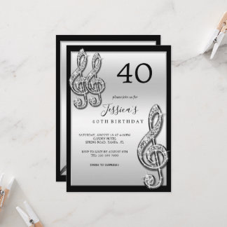 Glitzy Silver Musiknotens Geburtstag Einladung