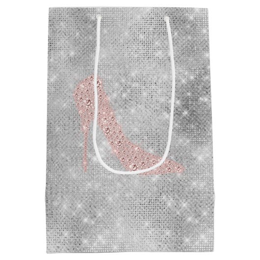 Glitzy Silver Pink Diamond Heelse Mittlere Geschenktüte (Rückseite)