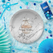 Glitzy Silver White Cupcake Bow Birthday Pappteller (Party)