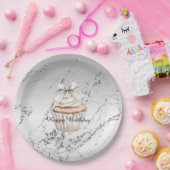 Glitzy Silver White Cupcake Bow Birthday Pappteller (Party)