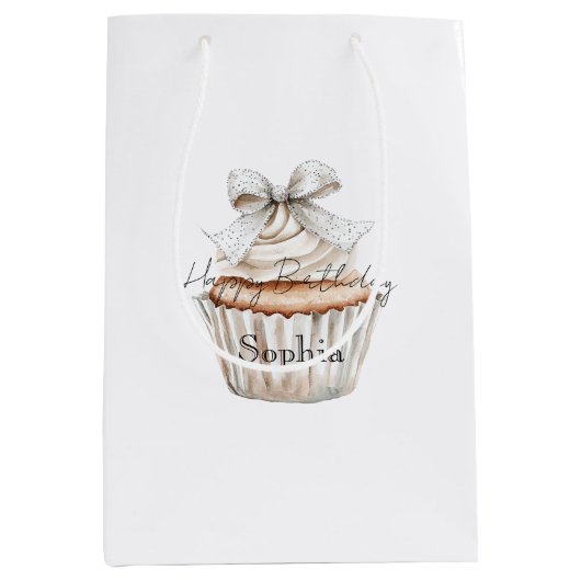 Glitzy Silver White Cupcakes Bow Birthday Mittlere Geschenktüte (Vorderseite)