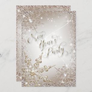 Glitzy Snowflakes Gold Silvester Party Einladung