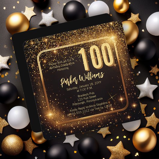 Glitzy Sparkles | Stars Gold 100th Birthday Party Einladung