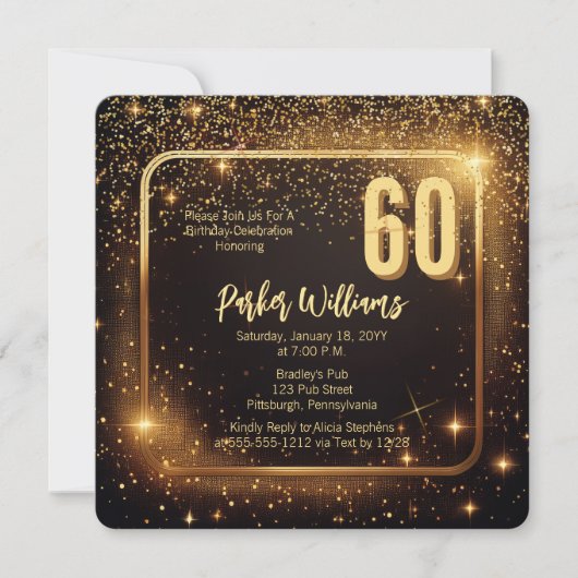 Glitzy Sparkles | Stars Gold 60th Birthday Party Einladung (Vorderseite)