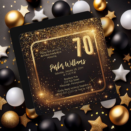Glitzy Sparkles | Stars Gold 70th Birthday Party Einladung