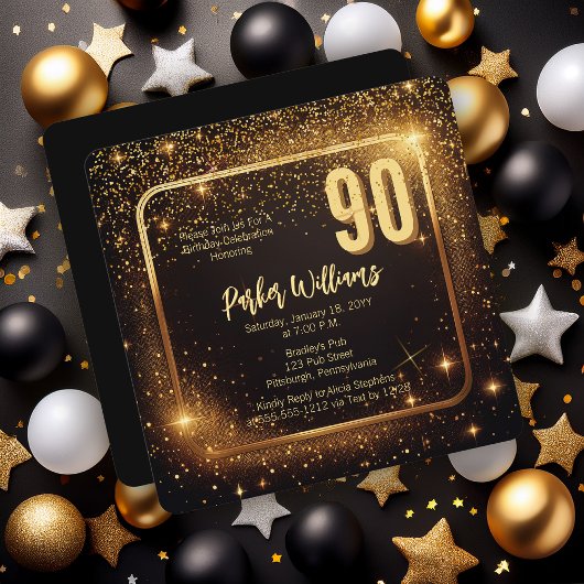 Glitzy Sparkles | Stars Gold 90th Birthday Party Einladung