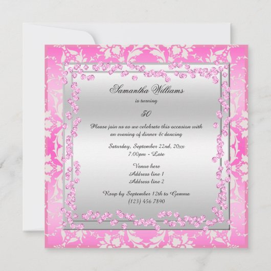 Glitzy Stilettos, Diamonds & Damask Fabulous 50 Einladung (Rückseite)