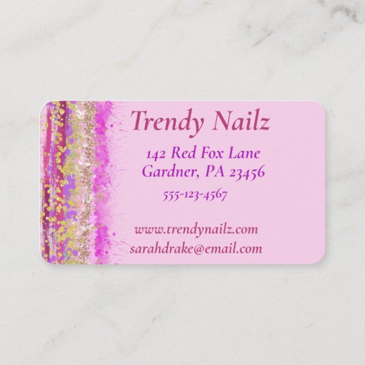 Glitzy Watercolor Pink Lila Gold Nagelstudio Visitenkarte (Rückseite)