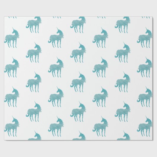 Glitzy White Aqua Sparkle Unicorn Geschenkpapier (Flach)