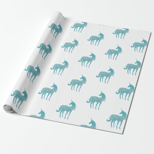 Glitzy White Aqua Sparkle Unicorn Geschenkpapier (Ungerollt)