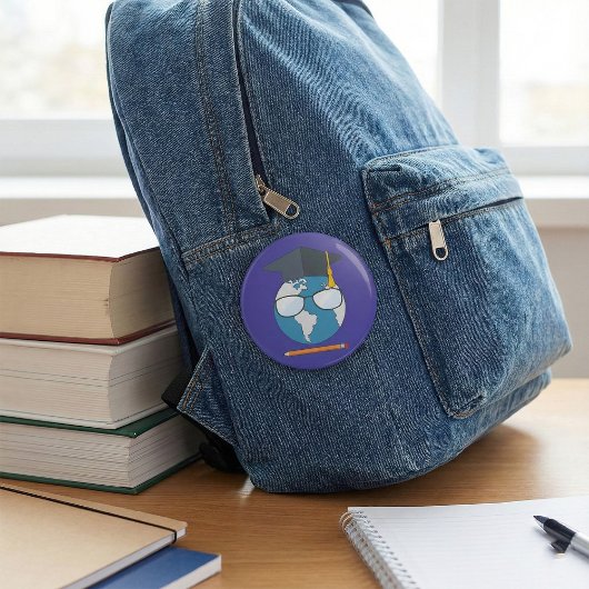 Global Education Graduation Cap Earth Smart Planet Button