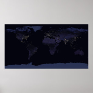 Global Map Earth's City Lights at the Night. Poster