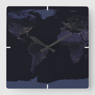 Global Map Earth's City Lights at the Night. Quadratische Wanduhr