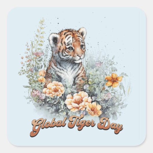 Global Tiger Day, Aquarellbecher Quadratischer Aufkleber (Vorderseite)