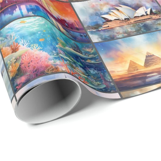 Globale Sehenswürdigkeiten in Wasserfarben Geschenkpapier (Rolleneckpunkt)