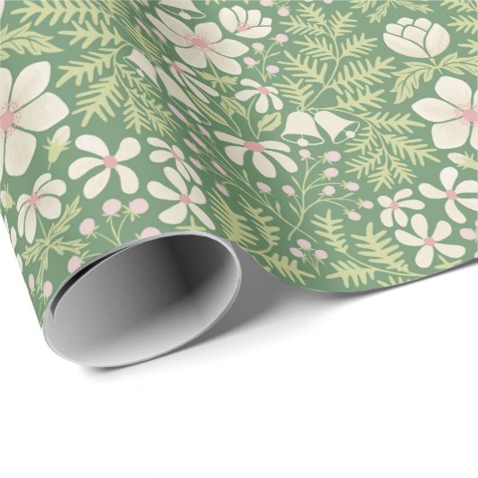 Glöckchen und Berries Weihnachtsblumen in Hell Gre Geschenkpapier (Rolleneckpunkt)