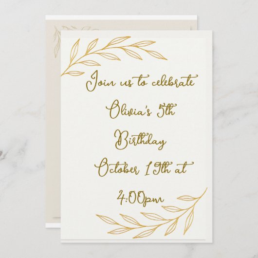 Glod Floral 5. Geburtstag Einladung (Vorne/Hinten)