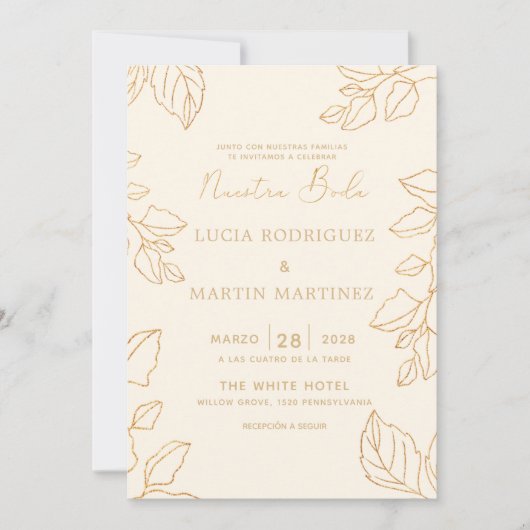Glod Leaf Cream Spanish Nuestra Boda Einladung (Vorderseite)