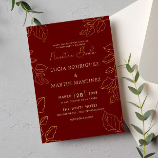 Glod Leaf Red Spanish Nuestra Boda Einladung