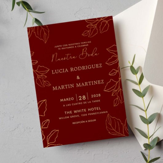 Glod Leaf Red Spanish Nuestra Boda Einladung