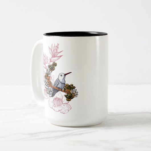 Gloomy Skull and Bird mit Blume Zweifarbige Tasse (Vorderseite Links)