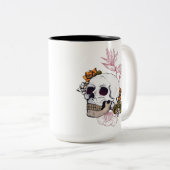 Gloomy Skull and Bird mit Blume Zweifarbige Tasse (VorderseiteRechts)