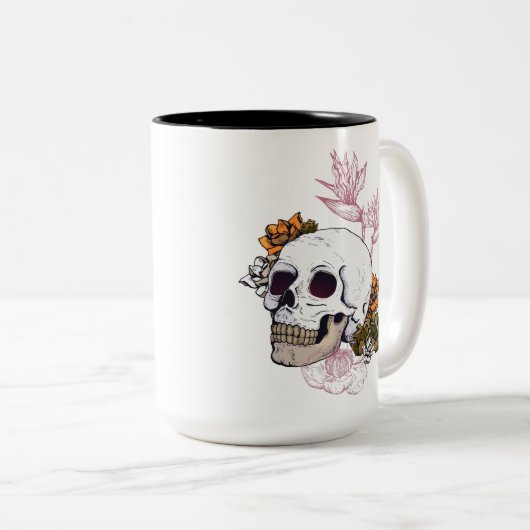 Gloomy Skull and Bird mit Blume Zweifarbige Tasse (VorderseiteRechts)