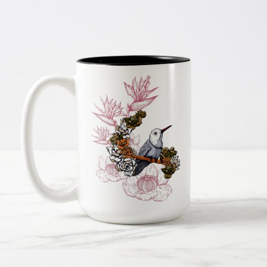 Gloomy Skull and Bird mit Blume Zweifarbige Tasse (Links)