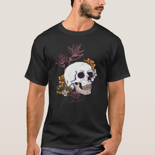 Gloomy Skull und Strelitzia Blume T-Shirt (Vorderseite)