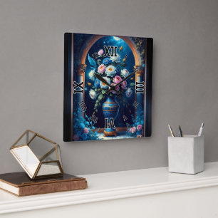 Glorious floral Bouquet under moonlit Sky Quadratische Wanduhr