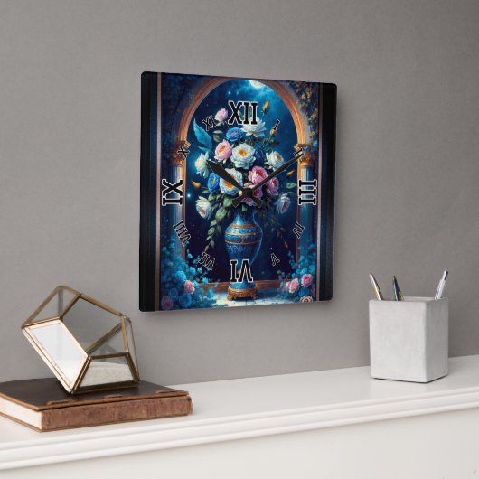 Glorious floral Bouquet under moonlit Sky Quadratische Wanduhr (Büro)