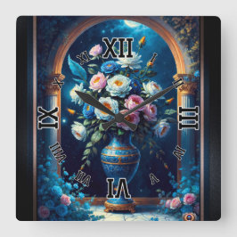 Glorious floral Bouquet under moonlit Sky Quadratische Wanduhr