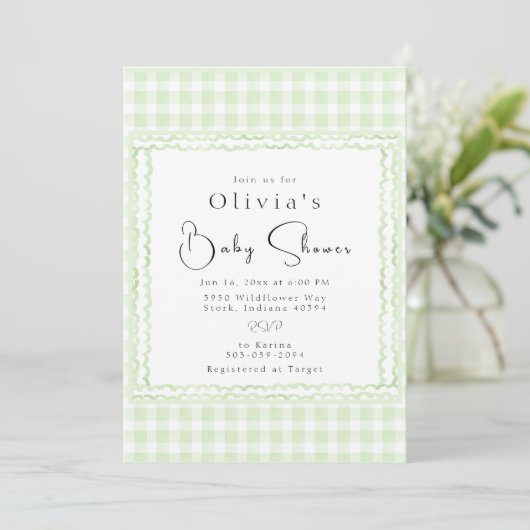 Glorious Gingham Baby Shower Einladung (Stehend Vorderseite)