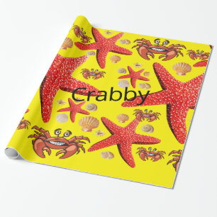 Glosswrapping Paper, Crabs Starfish Rot Gelb Geschenkpapier