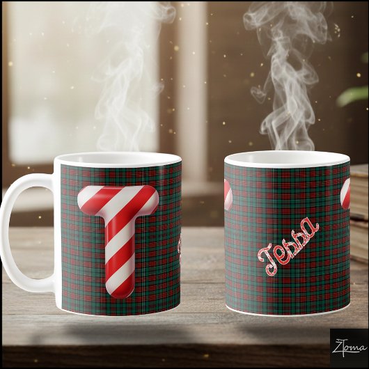 Glossy Candy Cane Striped Christmas Letter T Kaffeetasse
