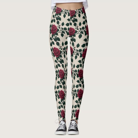 Glossy Crimson Roses With Dark Green Leaves Leggings (Vorderseite)