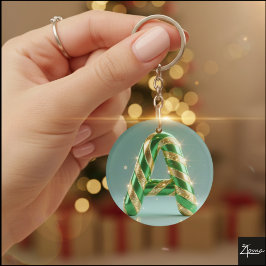 Glossy Green Gold Glitter Striped Letter A Schlüsselanhänger