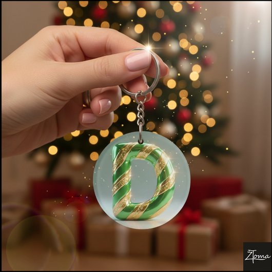 Glossy Green Gold Glitter Striped Letter D Schlüsselanhänger