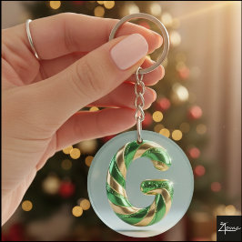 Glossy Green Gold Glitter Striped Letter G Schlüsselanhänger