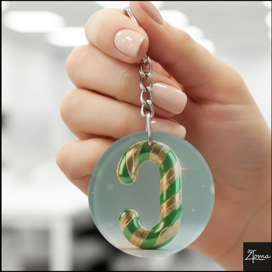 Glossy Green Gold Glitter Striped Letter J Schlüsselanhänger