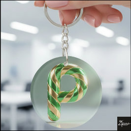 Glossy Green Gold Glitter Striped Letter P Schlüsselanhänger