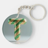 Glossy Green Gold Glitter Striped Letter T Schlüsselanhänger (Rückseite)