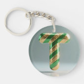 Glossy Green Gold Glitter Striped Letter T Schlüsselanhänger (Vorderseite)
