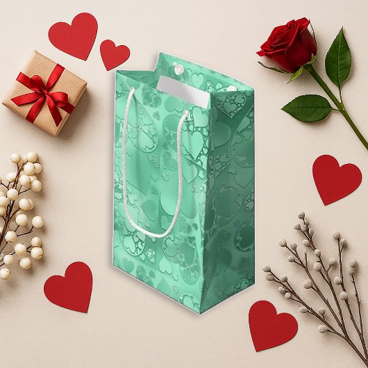 Glossy Green Romantic Hearts Pattern Kleine Geschenktüte