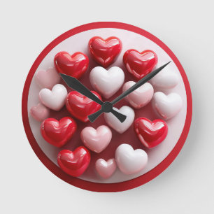 Glossy Red and White Hearts Runde Wanduhr